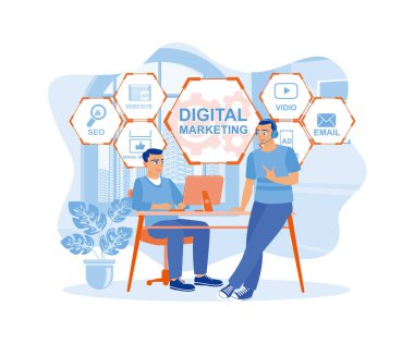 Bilgisayar programcısı ve yöneticisi. Dijital pazarlama medyası (web sitesi reklamcılığı, e-posta, sosyal ağlar, SEO, video, mobil uygulamalar). Pazarlama konsepti. Düz vektör illüstrasyonu.