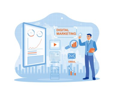 Puslu bir şehir manzarasının arka planında duran bir iş adamı. Dijital pazarlama teknolojisi konsepti yaratmak. Dijital pazarlama medya konsepti. trend düz vektör modern illüstrasyon