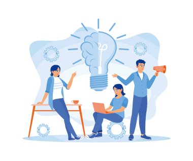 Bir grup insan toplantı yapıyor. Başarı için yeni fikirler arıyorum. İş fikri konsepti. Düz vektör illüstrasyonu.