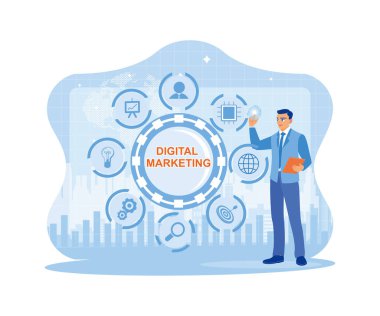 Perdenin önünde silik bir şehir geçmişine karşı duran adam. İş adamları, sosyal medya aracılığıyla pazarlama stratejileri oluşturmak için tabletleri kullanıyor. Modern arayüz kavramında dijital pazarlama ağı. trend düz vektör modern illüstrasyon