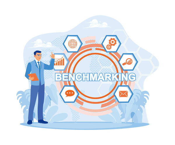 Деловые люди используют технологии, Интернет и сетевые бизнес-концепции на виртуальном экране. Концепция бенчмаркинга. Плоский вектор современной иллюстрации