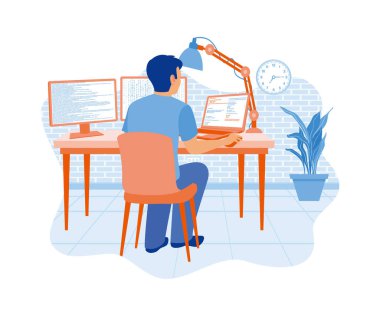 Programcılar çift ekran bilgisayarlar ve dizüstü bilgisayarlarla çalışıyorlar. Programlama ve kodlama teknolojisi geliştirin. Yazılım geliştiricileri konsepti. düz vektör modern illüstrasyon