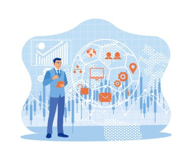 İşadamı dijital iş arayüzü olan tablet kullanıyor. Şehir manzaraları ve iş simgelerinin önünde duruyor. Yüksek teknoloji ve iletişim kavramı. trend düz vektör modern illüstrasyon