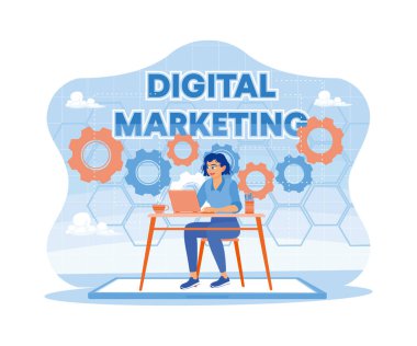 Modern ofislerde çalışan kadınlar. Çevrimiçi pazarlama iş stratejilerini geliştir. Modern arayüz kavramında dijital pazarlama ağı. trend düz vektör modern illüstrasyon