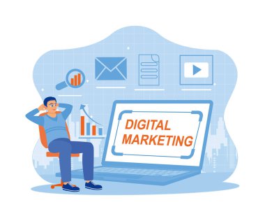 Dizüstü bilgisayarın önünde oturan adam. Sosyal medyada reklamla iş pazarlamasını geliştirmek için bir plan yapın. Dijital Pazarlama İçeriği Konsepti. trend düz vektör modern illüstrasyon