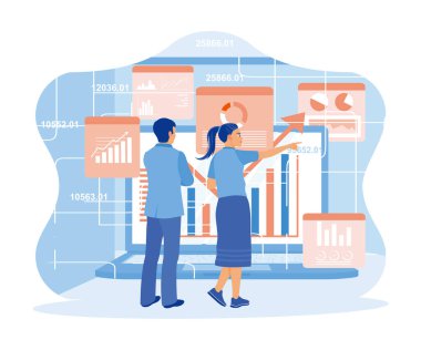 Veri bilimi, iş analizi ve strateji, büyük veri kavramı. İş geliştirmek için takım çalışması. İş Mali Analitik Konsepti için Büyük Veri Teknolojisi. trend düz vektör modern illüstrasyon