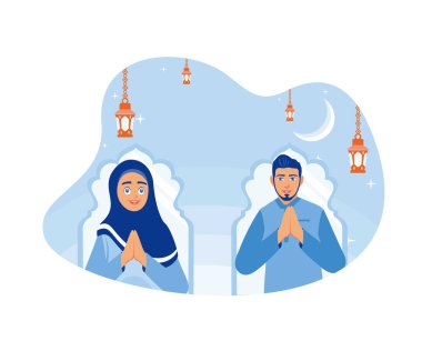 İki eli göğsünün önünde olan Müslüman erkekler ve kadınlar. Birbirinize mutlu bayramlar dileyin ve birbirinizi affedin. Bayramın kutlu olsun. düz vektör modern illüstrasyon