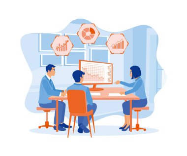 Bir grup iş adamı bilgisayarları kullanarak verileri analiz ediyor. Ekranda veri, grafik ve diyagram kullan. Takım çalışması toplantısı konsepti. Düz vektör illüstrasyonu.