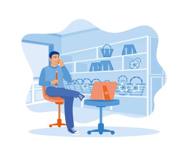 Bir zanaat dükkanının sahibi dükkandaki mal stoklarını kaydediyor. Siparişleri doğrulamak için müşterileri ara. Dijital iş konsepti. Düz vektör illüstrasyonu.