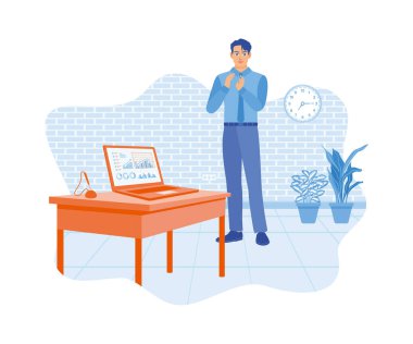 Modern bir ofiste çalışan bir erkek muhasebeci. Laptop ekranında istatistiksel verileri gösterir. İş analizi konsepti. Düz vektör illüstrasyonu.