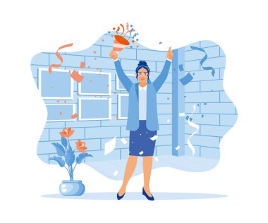 Gözlüklü genç bir kadın ve içeride mutlu mesut ayakta duruyor. Konfeti atarken doğum günlerini kutluyoruz. Kutlama konsepti. Düz vektör illüstrasyonu.