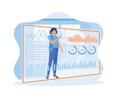 İş kadınları sanal ekranda dijital iş arayüzünü kullanıyor. Finans ve yenilik kavramı. trend düz vektör modern illüstrasyon