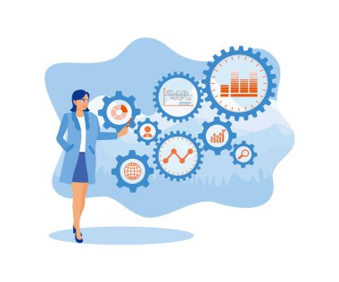 İş veri analizi ve robot işlem otomasyon yönetimi. Danışman, KPI finansal grafiklerine ve grafiklerine bağlı dişlilere dokunuyor. İş analizi konsepti. Düz vektör illüstrasyonu.