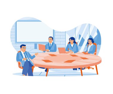 Bir grup iş adamı birlikte çalışıyor, ofiste fikir alışverişinde bulunuyor. Yakışıklı adam oturup rahatlıyor ve iş için fikir veriyor. Takım iletişimi. düz vektör modern illüstrasyon