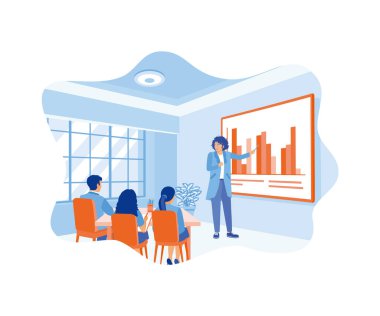 Bayan müdür, iş ekibiyle bir sunum yapacak. Projektör ekranındaki finansal tabloları analiz ediyorum. İş analizi konsepti. Düz vektör illüstrasyonu.