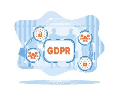 Sanal ekranda GDPR simgeleri ve sembolleri. Genel şirket veri koruma düzenlemeleri. Veri koruması için genel kurallar GDPR kavramı. düz vektör modern illüstrasyon