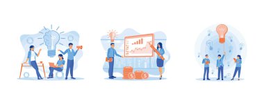 Bir grup insan toplantı yapıyor. Projektör ekranının mali durumu inceleniyor. Yeni iş fikirleri arıyorum. İş fikri konsepti. Düz vektör illüstrasyonunu ayarla.