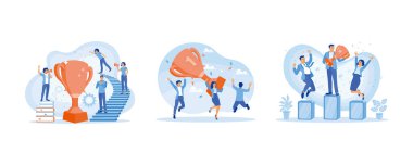 Meslektaşlar zaferi kutlar. Büyük kupalar taşırken konfeti altında dans et. Kürsüde insanlar var. Başarı İş Konsepti. Düz vektör illüstrasyonunu ayarla.