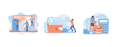 İş adamları yatırımlardan kar elde ederler. İçinde para olan cüzdanlara para koymak. Her işlemi hesaplar. Mali İşlemler konsepti. Düz vektör resimlemesini ayarla.