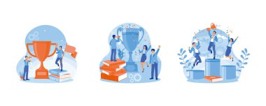 Başarılı İş Takımı konsepti. İş adamları başarıyı kutluyor. Başarıyı ödüllerle kutlayın ve havaya zıplayın. Düz vektör resimlemesini ayarla.