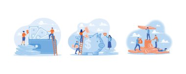 İnsanlar büyük cüzdanlarda para sayıyor. Kumbaraya para yatırmak. Gelir yönetimi. Tasarruf konsepti. Düz vektör resimlemesini ayarla.