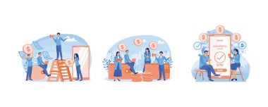 NFC ödeme sistemi. İnsanlar internetten para transferleri yapıyor. İşlem başarılı. Finansal işlemler kavramı. Düz vektör resimlemesini ayarla.