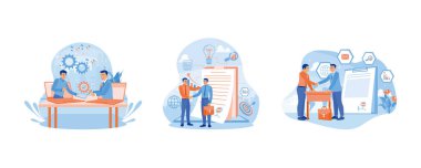 İş adamları sözleşme belgelerini internette imzaladılar. Kontrat imzaladıktan sonra el sıkışmak. Karşılıklı bir anlaşma yapıyoruz. Anlaşma konsepti. Düz vektör resimlemesini ayarla.