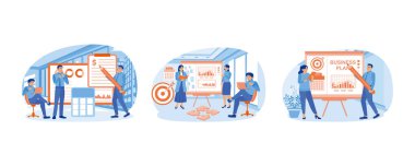 Çalışma ekibi bir iş planı oluşturur. Başarı için iş stratejisi. Yönetici ve asistan bir iş planı sunumu yapıyorlar. İş Planı konsepti. Düz vektör resimlemesini ayarla.