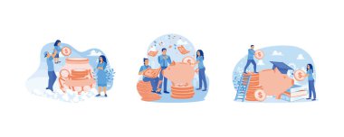 Anne ve baba çocuklara para biriktirmeyi öğretiyor. Kumbaralarda para biriktir. Gelecek için eğitim fonu planlamak. Tasarruf konsepti. Düz vektör resimlemesini ayarla.