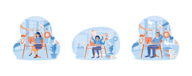 Etraflarını saran bir sürü işi olan iş adamları. Çalışma saatlerini planlar ve düzenler. Yorgunluk ve stres. Çoklu görev konsepti. Düz vektör resimlemesini ayarla.