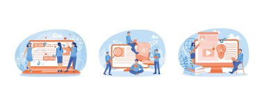 İnsanlar web sayfası yaratıyor. Sosyal medyaya yükleniyor. Yaratıcı fikirlerle içerik yaratmak. Blog oluşturma konsepti. Düz vektör resimlemesini ayarla.