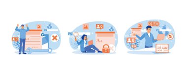 Blogcular blog promosyon hataları yapar. Etkisiz anahtar sözcük analizi. SEO içerik denetimi olmadan içerik üretimi. Blog Promosyon konsepti. Düz vektör resimlemesini ayarla.