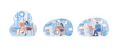 Stres ve hüsran. Yorgun ve stresli yüzlü bir kadın büroda. Yapılacak çok iş var. Ofis konseptinde stres. Düz vektör resimlemesini ayarla.