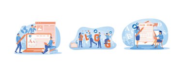 Blogger bir makale yazıyor. Yaratıcı blog içeriği olan videolar oluştur. Sosyal medyaya yükle. Blog oluşturma konsepti. Düz vektör resimlemesini ayarla.