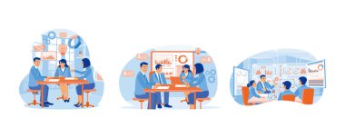 Hedeflere ulaşmak için iş stratejisi. İş adamları yönetim kurulunda toplantı yapıyorlar. Şirketin finansal ve pazarlama verilerini analiz et. İş toplantısı konsepti. Düz vektör resimlemesini ayarla.