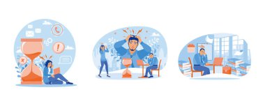 Ofiste üzgün yüzlü insanlar. Son teslim tarihleriyle çalış. İş yoğunluğundan dolayı stresli. Ofis konseptinde stres. Düz vektör resimlemesini ayarla.