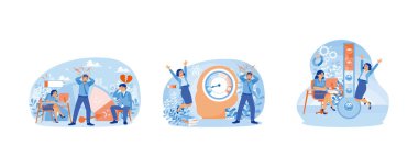 Depresyon ve zihinsel bozukluklar. İşten yorgun ve stresli bir adam. Enerjik ve hevesli bir bayan çalışan. Stres seviyesi konsepti. Düz vektör resimlemesini ayarla.