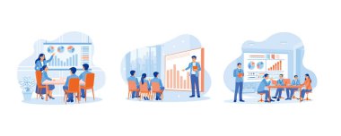 Yönetici, iş ekibiyle toplantıları yönetiyor. İş büyüme grafiğini göster. Görüşmeler sırasında fikir alışverişinde bulunun. İş toplantısı konsepti. Düz vektör resimlemesini ayarla.