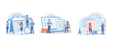 Patronun ve çalışanın ofiste bir toplantısı var. Girişimci bir iş planı yapar. Küresel iş sorunları. İş Planı konsepti. Düz vektör resimlemesini ayarla.