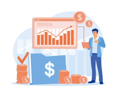 İşadamı hisse senedi ticaret çizelgelerini inceliyor. Borsaya yatırım yapmak. Yatırım konsepti. Düz vektör illüstrasyonu.