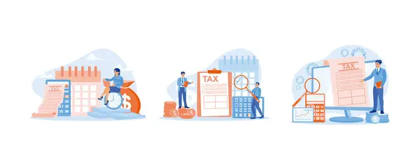 税金の支払い時間について 税金申告書を提出する男性ビジネスマン オンラインで税金を支払う 税務監査コンセプト フラットベクトルイラストを設定 — ストックベクタ