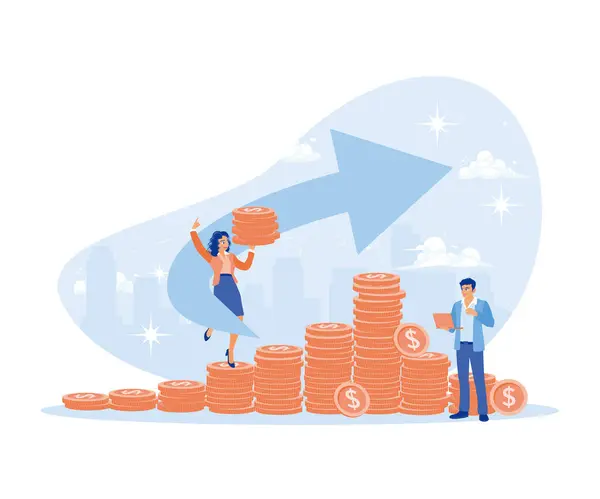 Woman Walking Pile Coins While Holding Coins Man Analyzing Finances — Stock Vector