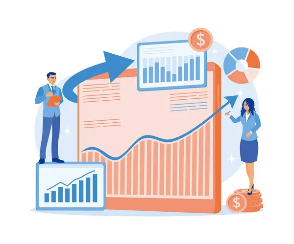 タブレットを使用して財務グラフとチャートを分析するビジネスマンとアシスタント 投資コンセプト フラットベクトルイラスト — ストックベクタ