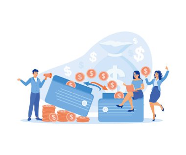 Finansal işlem vektör çizimi. İş adamları ve iş kadınları para değişimi ve bankacılık sistemi yapıyor. Finansal işlemler kavramı. Düz vektör illüstrasyonu.