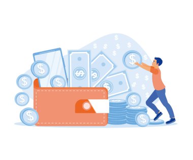 Finansal yönetim vektör çizimi. İnsanlar gelip içinde para ve akıllı telefon bulunan cüzdanlara bozuk para koyuyorlar. Mali İşlemler konsepti. Düz vektör illüstrasyonu.