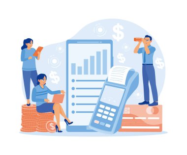 Nakit olmayan işlem vektör illüstrasyonu. EDC işlem verilerini gösterir. Banka ya da kredi kartı, madeni para, para birimi ve NFC ödeme konseptleri. Mali İşlemler konsepti. Düz vektör illüstrasyonu.