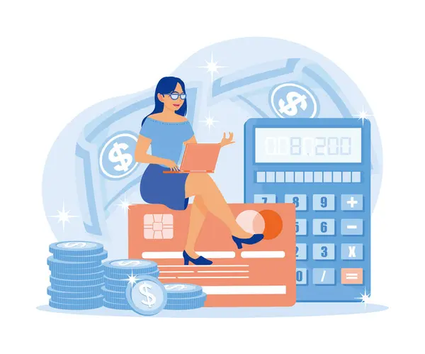 Ilustração Vetor Gestão Financeira Uma Mulher Senta Sobre Cartões Segura — Vetor de Stock