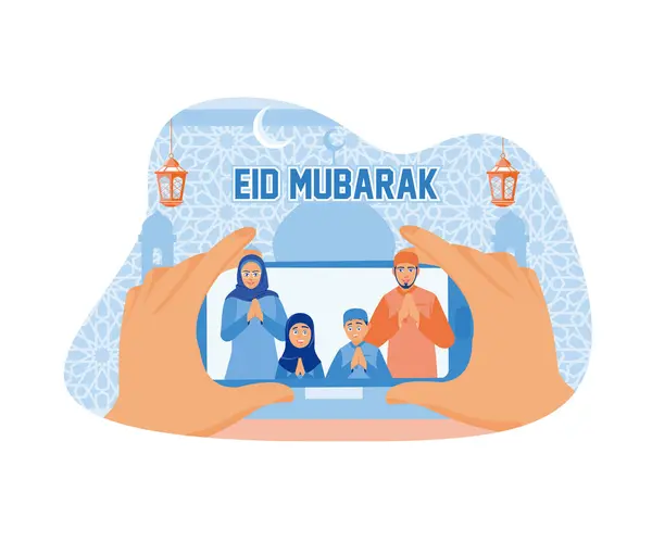 Muslimské Rodiny Slaví Eid Fitr Během Pandemie Přeji Vám Eid — Stockový vektor