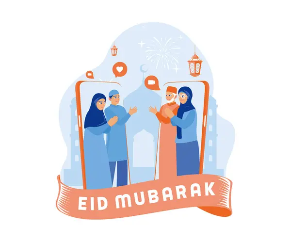 Muslimské Rodiny Dělají Videohovory Během Pandemie Odpusťte Oslavte Eida Fitra — Stockový vektor