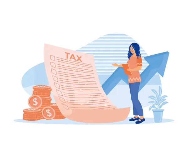 Belastinginspectie Vector Illustratie Een Vrouw Staat Voor Belastingdocumenten Controleert Het Stockillustratie